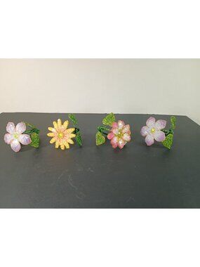 Set of 4 Spring Flower Napkin Rings Glass Wire Floral Table Decor